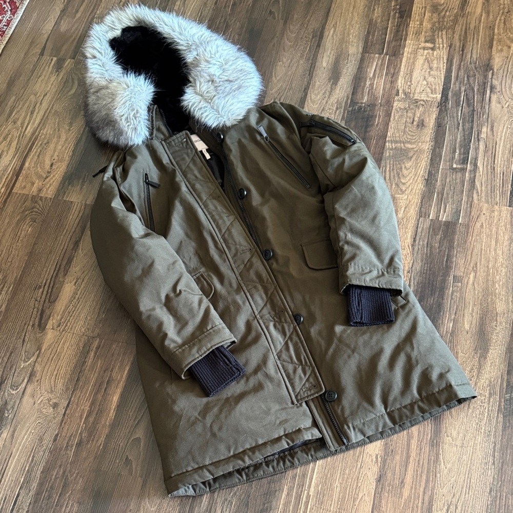 BCBGeneration Olive Parka with Faux Fur Hood.